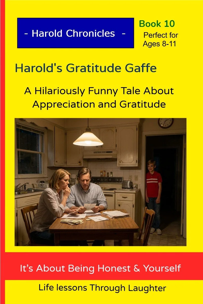 Harold overhears his parents worrying about money and looks guilty and reflective.