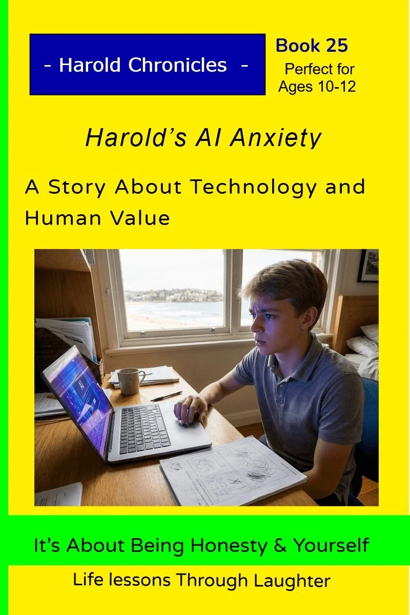 Harold looks worried while exploring AI on a laptop next to his schoolwork.