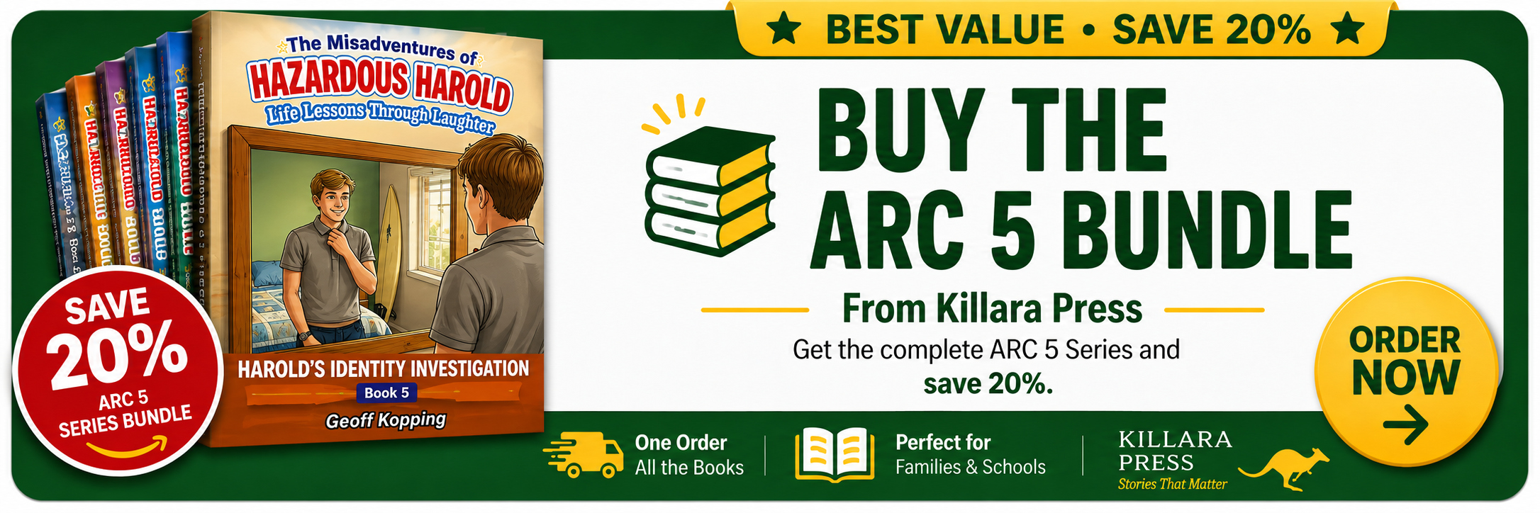 Advertisement for the ARC 5 Series book bundle, including the book titled 'The Misadventures of Hazardous Harold: Life Lessons Through Laughter' by Geoff Kopping. The ad highlights a 20% savings, with a call to action to buy the complete series from Killara Press.