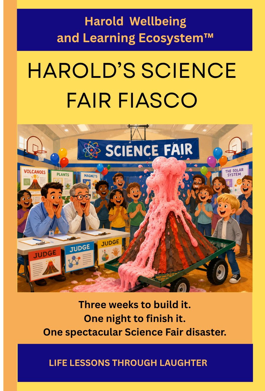 Book cover titled "Harold's Science Fair Fiasco" with a subtitle "Three weeks to build it. One night to finish it. One spectacular Science Fair disaster." The cover features an illustration of children at a science fair, excitedly watching a volcano eruption model covered in pink foam. The backdrop includes banners reading "Science Fair" and science posters about volcanoes, plants, magnets, and the solar system.