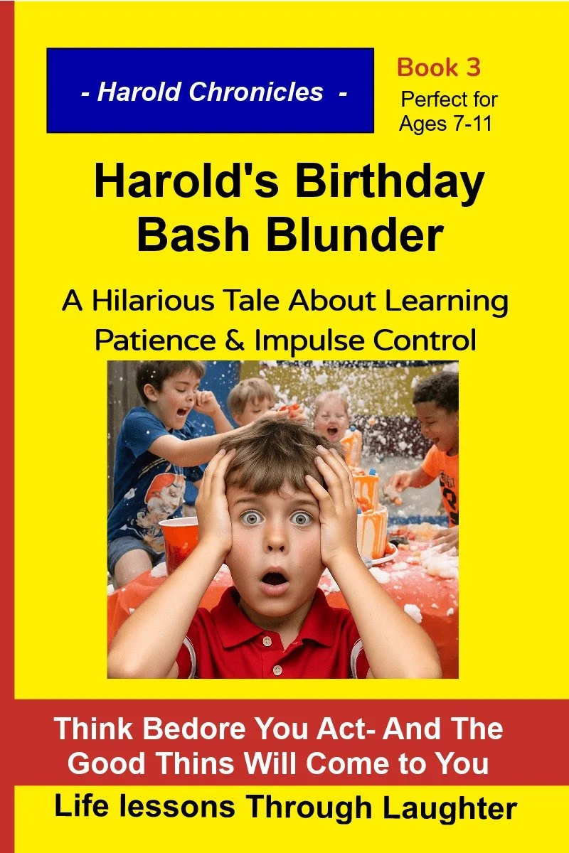 Harold spills a drink on a classmate’s work and hesitates, looking guilty.