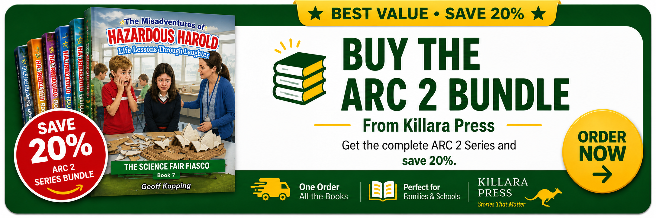 Advertisement promoting the purchase of the ARC 2 Series Book Bundle from Killara Press, featuring a colorful display of books about hazardous hazards, a classroom scene with children and a teacher, and a red circular badge emphasizing a 20% savings offer.
