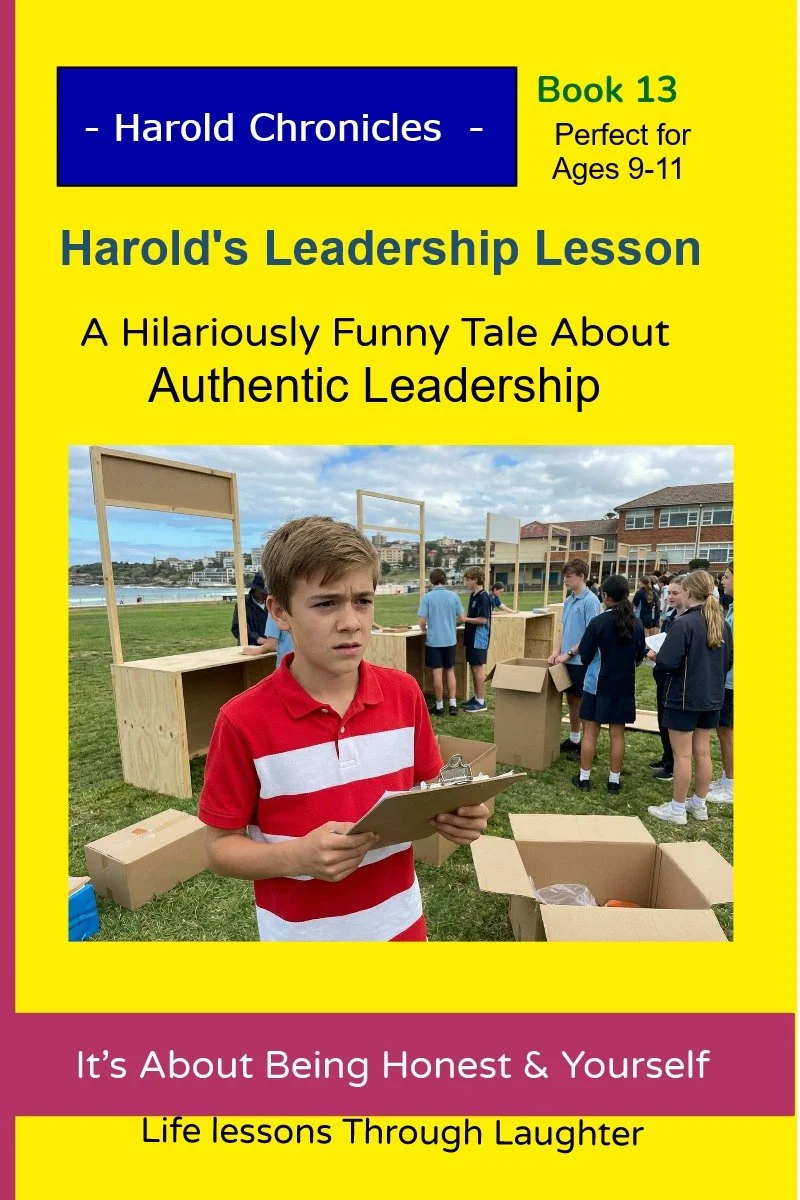 Harold looks overwhelmed leading a school event as classmates wait for instructions.