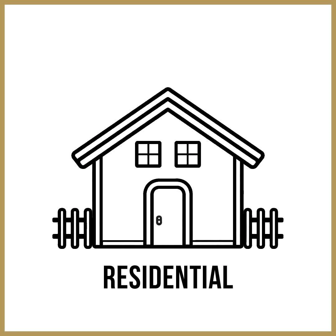 Outline drawing of a house with a porch and fenced yard, labeled "RESIDENTIAL" underneath.