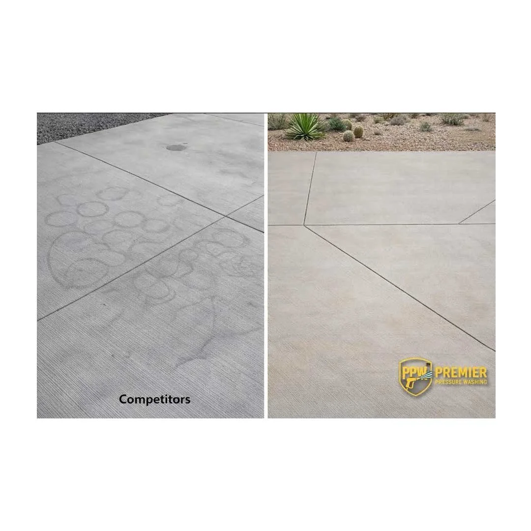 Side-by-side comparison of a dirty concrete driveway with visible dirt and tire marks on the left, and a clean, pressure-washed driveway on the right with the logo "PPW Premier Pressure Washing" in the bottom right corner.