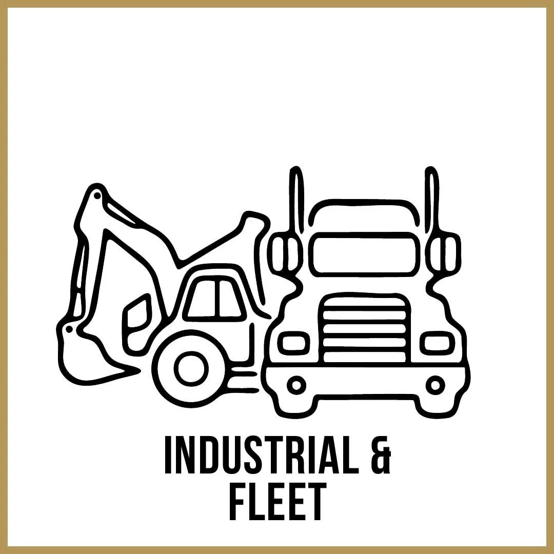 Outline drawing of a construction excavator and a semi-truck, with the text 'Industrial & Fleet' below.