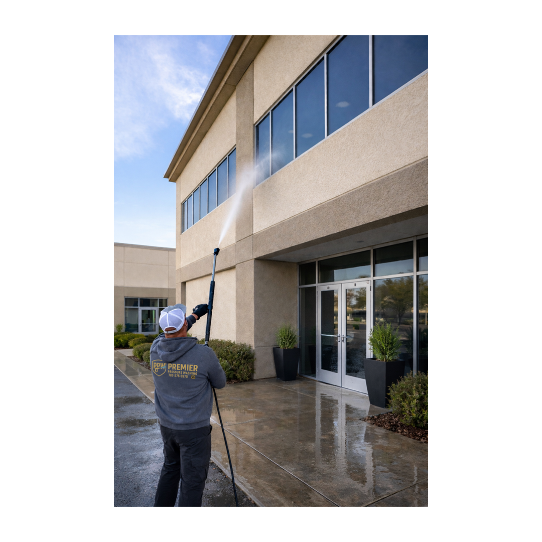 A person wearing a gray hoodie and a white cap pressure washing the exterior of a beige commercial building.