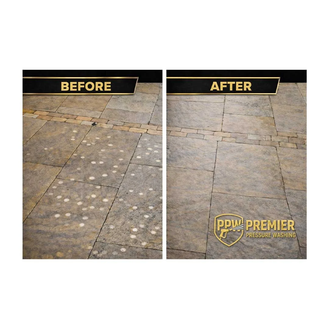 Side-by-side comparison of a stone patio before and after pressure washing, with a 'Before' label on the left showing dirt and stains, and an 'After' label on the right showing cleaned surface with a pressure washing logo.