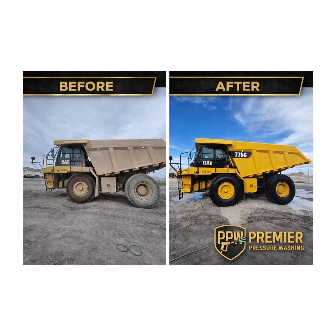 Side-by-side comparison of a large dump truck before and after pressure washing, with the 'after' image showing a clean, yellow truck and a logo for PPW Premier Pressure Washing.