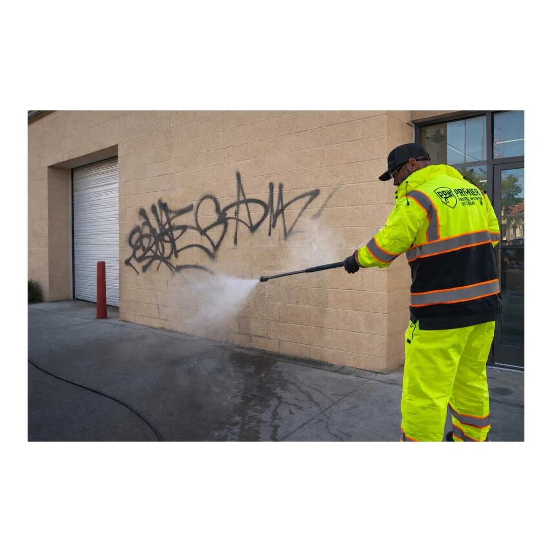 A worker in a yellow safety suit power washing graffiti off a beige wall outside a building.