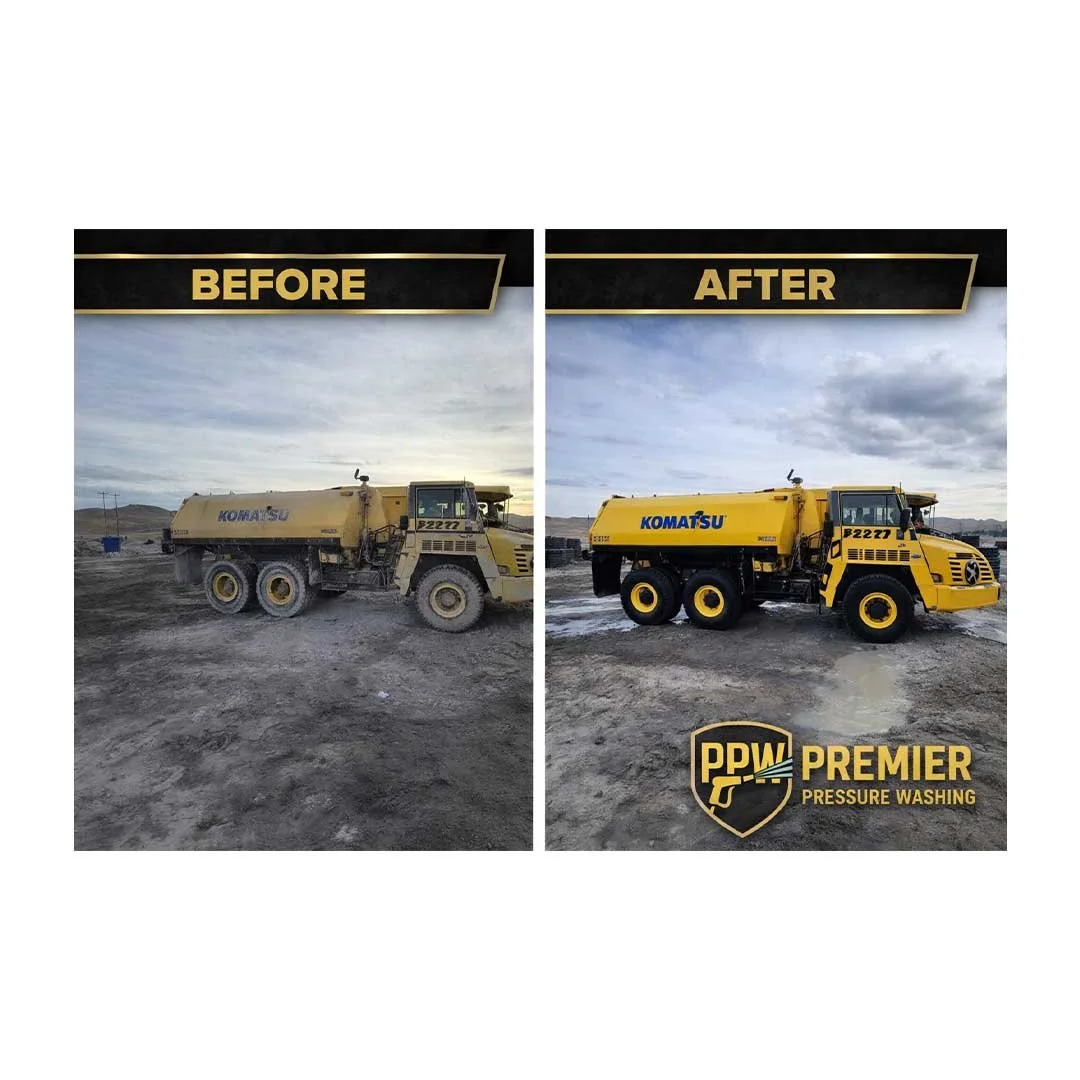 Side-by-side comparison of a large yellow construction vehicle before and after pressure washing, with the logo 'PPW Premier Pressure Washing' on the bottom right corner.