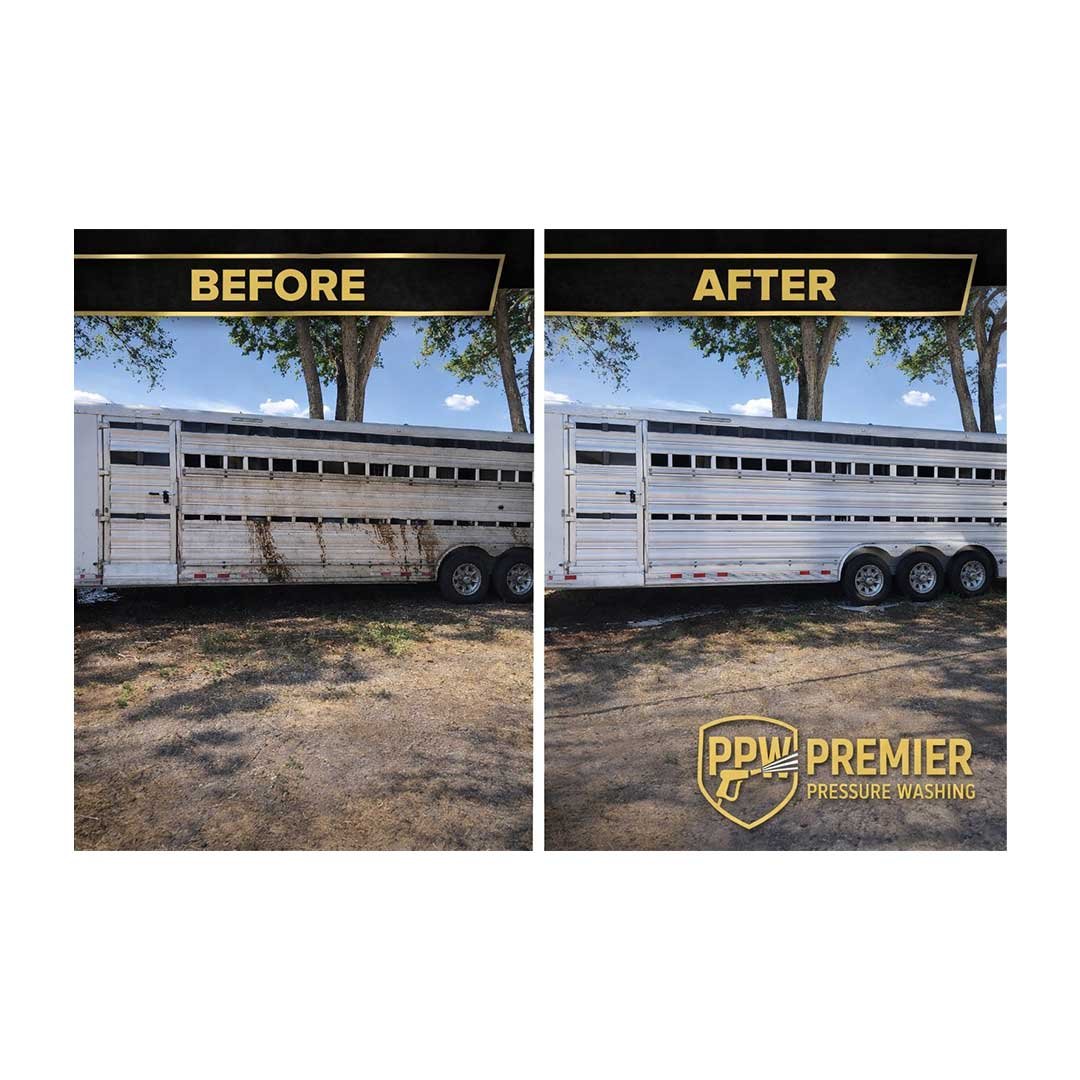 Side-by-side comparison of a dirty livestock trailer before and after pressure washing, with the after image displaying a clean, bright white trailer and the logo of PPW Premier Pressure Washing.