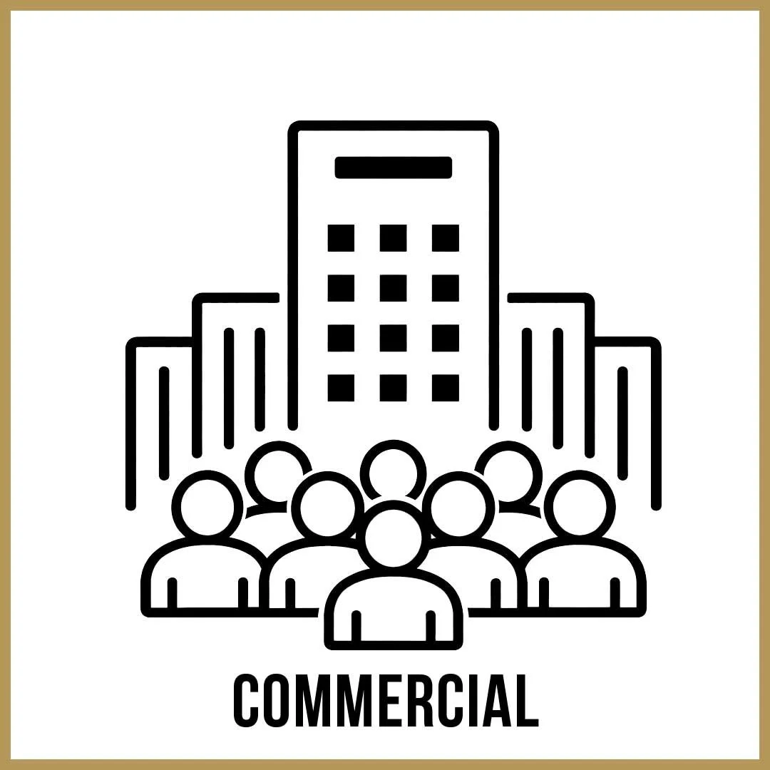 Line drawing of a group of people in front of a large office building with the word 'COMMERCIAL' underneath.