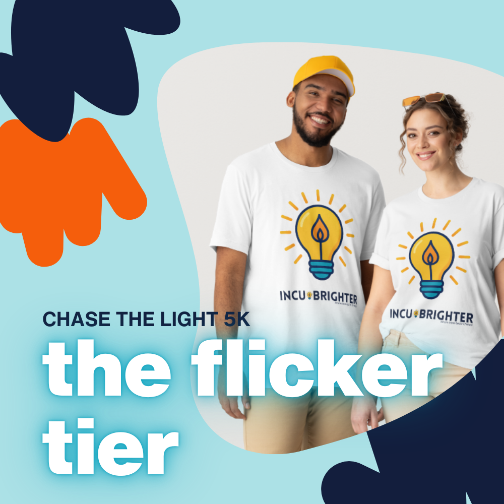 Two smiling volunteers a man and woman wearing white T-shirts with a light bulb graphic and the words "INCU BRIGHTER". The man is wearing a yellow cap, and the woman has sunglasses on her head. The background includes abstract shapes and text promoting a charity 5K event called 'CHASE THE LIGHT 5K', with the slogan 'the flicker tier'.