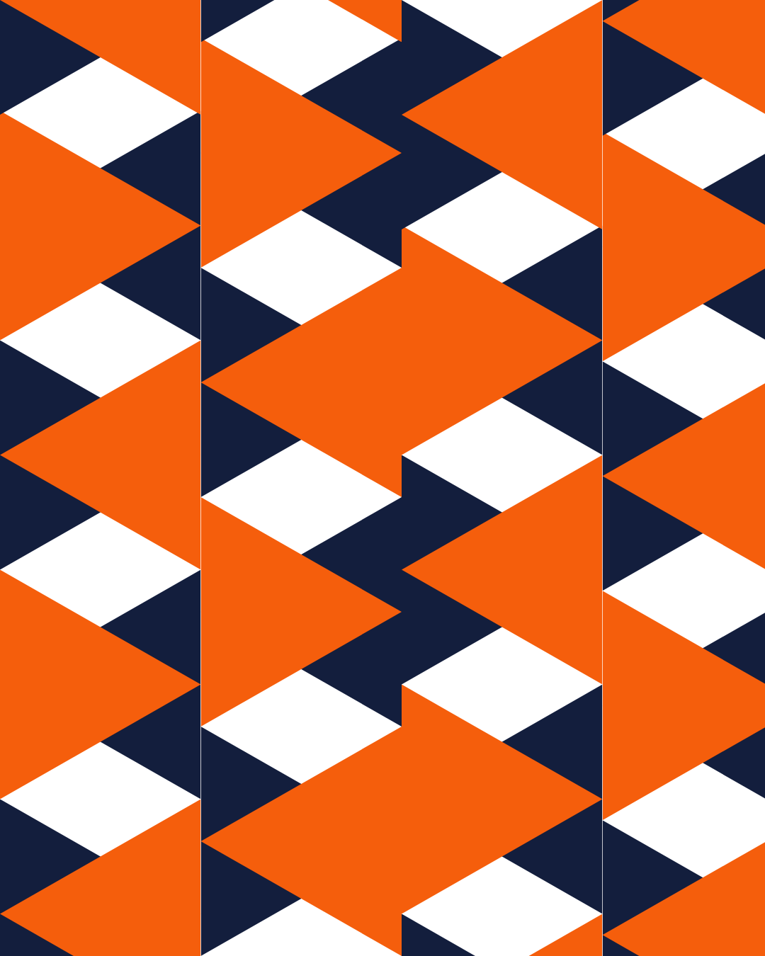 A geometric pattern with triangles and parallelograms in black, dark blue, and orange.