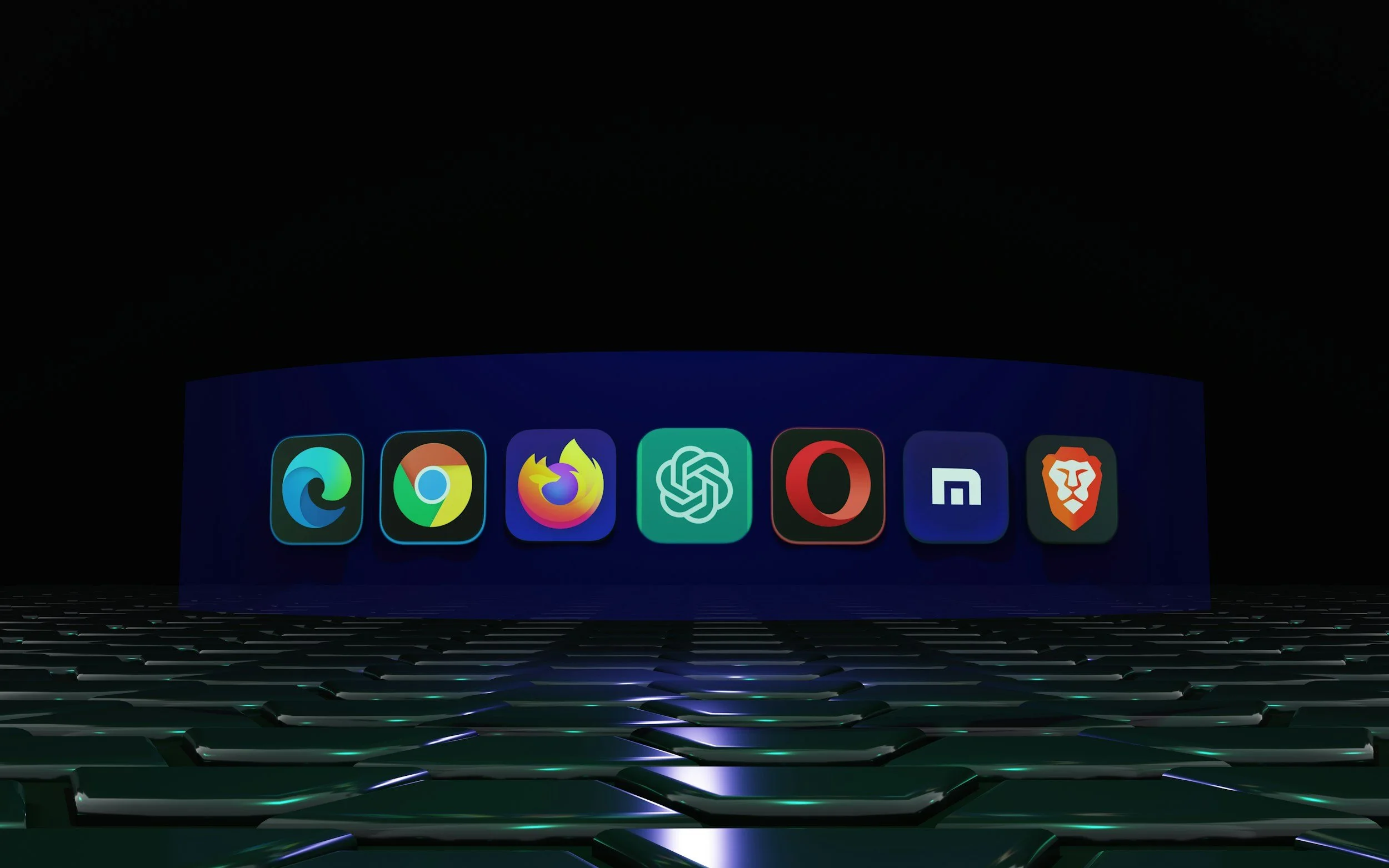 A digital display showing seven app icons on a dark background, including Microsoft Edge, Google Chrome, Firefox, an app with a green logo, Opera, Meta, and Brave.