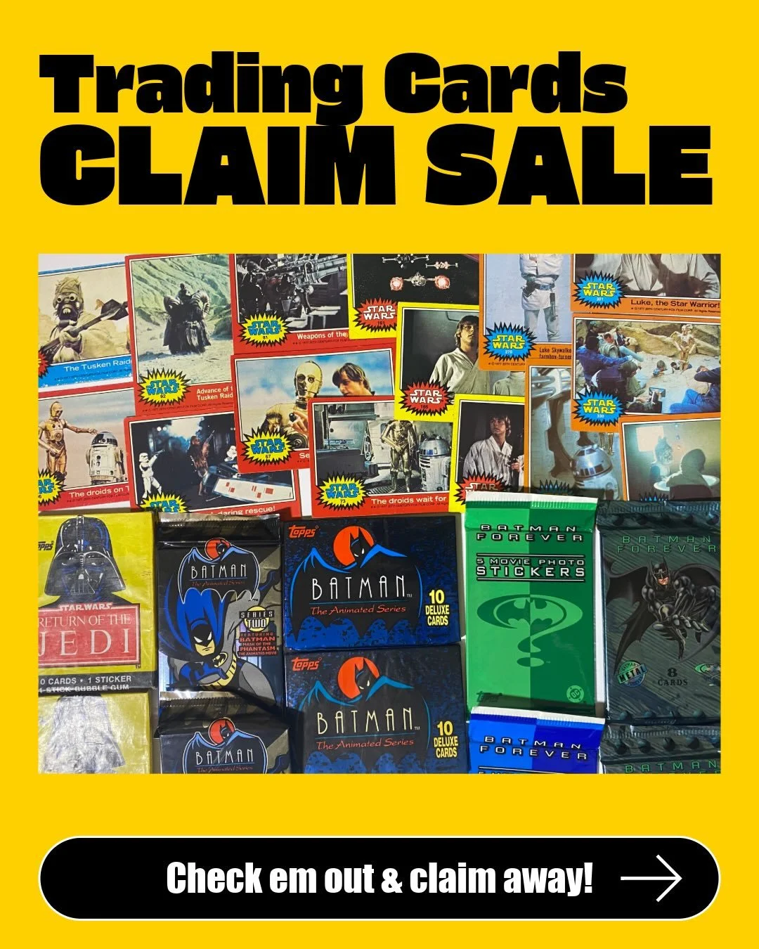 🚨CLAIM-A-THON - Trading Cards!🚨

Got some 1977 Star Wars card lots from the different series: blue, red, yellow, orange! Some wax packs! Sealed Batman cards! And some of the 1989 wax packs and boxes! 

Please note all the wax packs have been opened