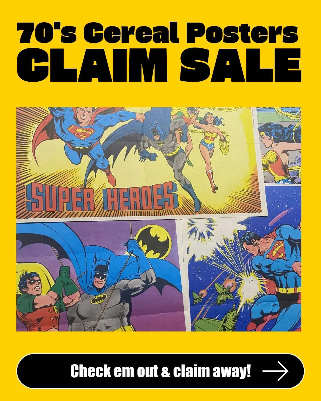 🚨CLAIM-A-THON - 1970&rsquo;s CEREAL DC POSTERS!🚨

These are 1978/1979 Post Cereal DC mini posters! These were inside the cereal box&rsquo;s! 70&rsquo;s kid could have gotten one in a box of Super Sugar Crips, Super Orange Crisp, or Grape Nut Flakes