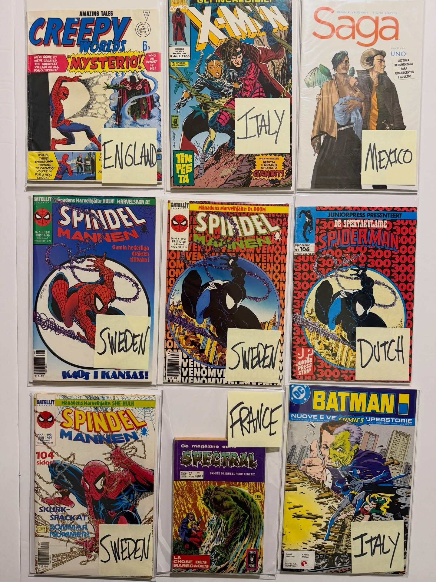 Check out these foreign goodies! All going into Thursdays Live Sale! 🧀🌏🧀

Sweden 🇸🇪 
Italy 🇮🇹 
England 🏴󠁧󠁢󠁥󠁮󠁧󠁿 
Mexico 🇲🇽 
Dutch 🇳🇱 
France 🇫🇷 
Spain 🇪🇸 

Lots of Todd McFarlane Spidey covers! 1st appearances! X-Men! Batman! 

W