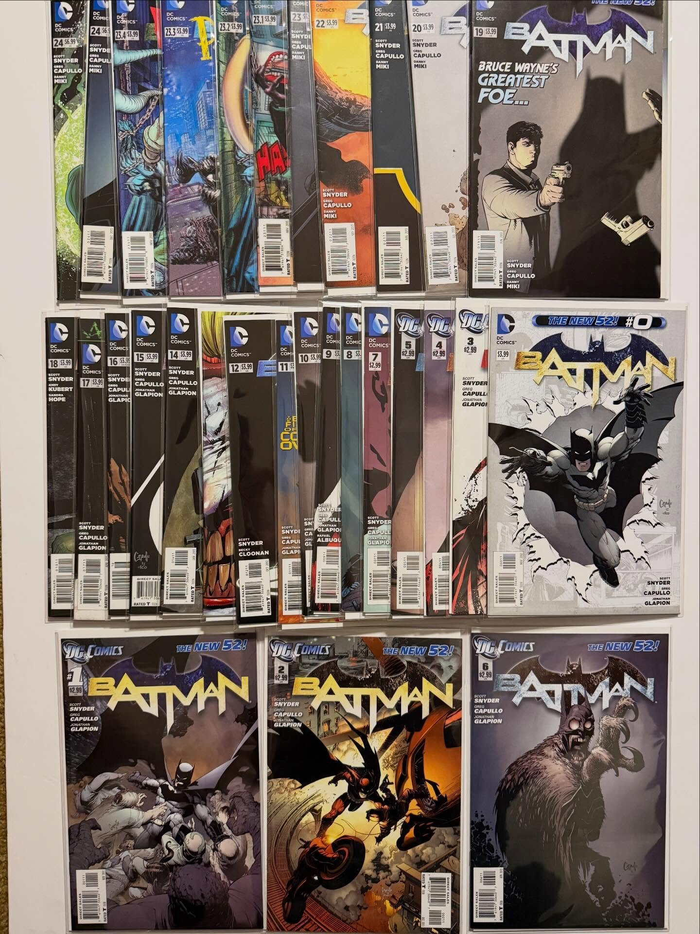 🚨FOR SALE🚨

COMPLETE SERIES Batman New 52 #0, 1-52 + Annuals (DC, 2011-2016)! 

$245 Shipped (in US)

Tons of Key Issues! 1st Court of Owls, 1st Talon, 1st Harper Row! 

Includes: 
0, 1, 2, 3, 4, 5, 6, 7, 8, 9, 10, 11, 12, 13, 14, 15, 16, 17, 18, 1