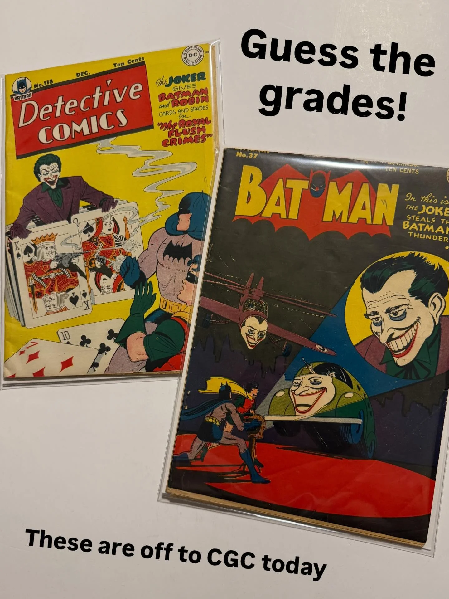 These two golden age Joker covers are headed to a presser and then off to CGC today, and I&rsquo;d love to hear what you think the grades will come back as! Comment below! 🤡🦇

We&rsquo;ve got the Batman #37 and Detective Comics #118! 

These are ge