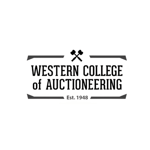 Logo for Western College of Auctioneering, established in 1948, with a graphic of two crossed mallets.