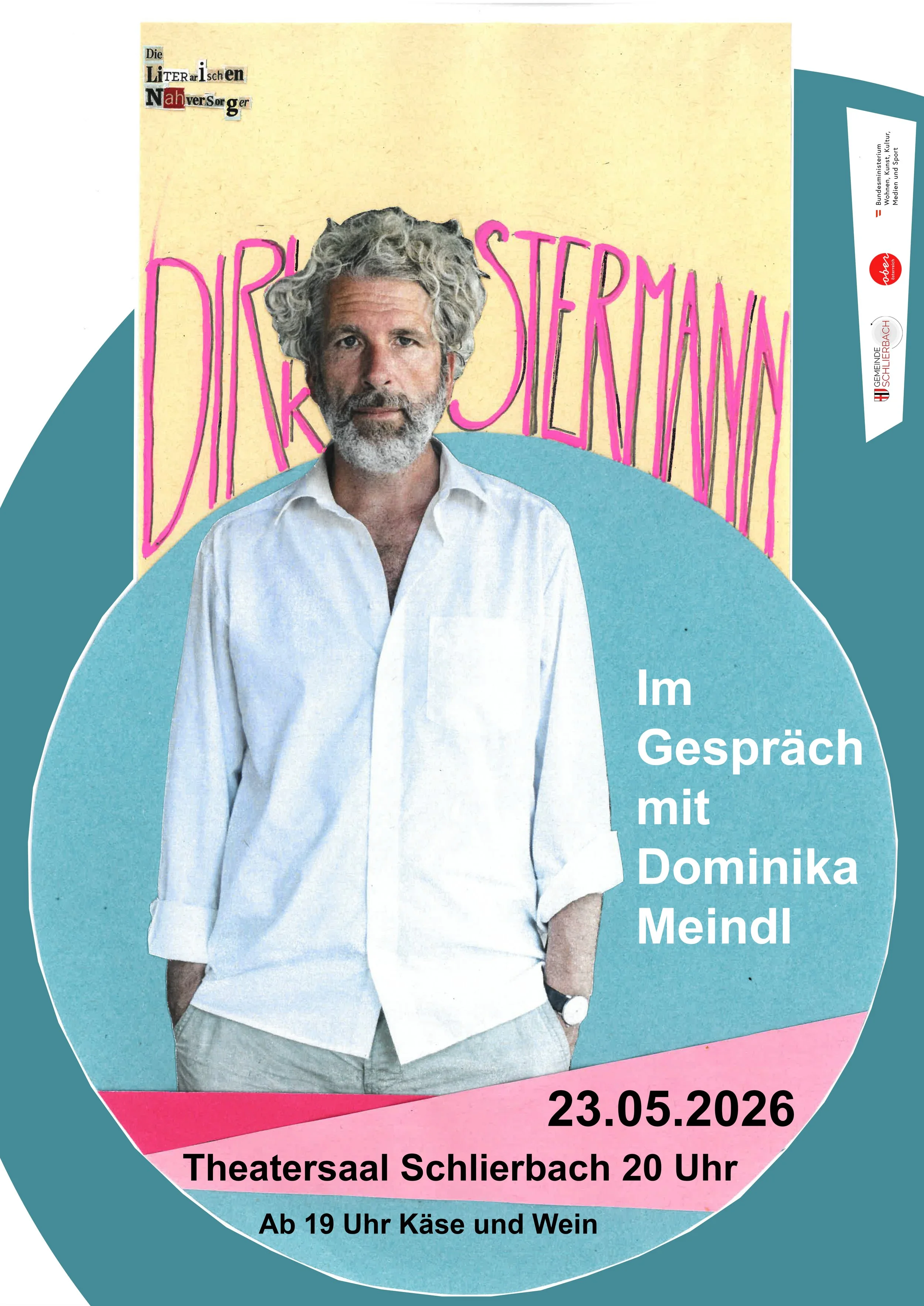 Ein Plakat für ein Gespräch mit Dominika Meindl am 23. Mai 2026 im Theatersaal Schlierbach um 20 Uhr, mit einem Bild einer Frau mit grauem Haar und weißem Hemd, im Hintergrund bunte Grafiken und Text.