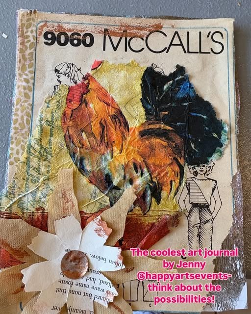 A collage art journal page with a painted rooster, a small black and white drawing of a girl, a paper flower with a pebble in the center, and various torn paper pieces. Text at the top reads '9060 McCALL'S'. Pink text at the bottom says, 'The coolest art journal by Jenny @happyartevents- think about the possibilities!'