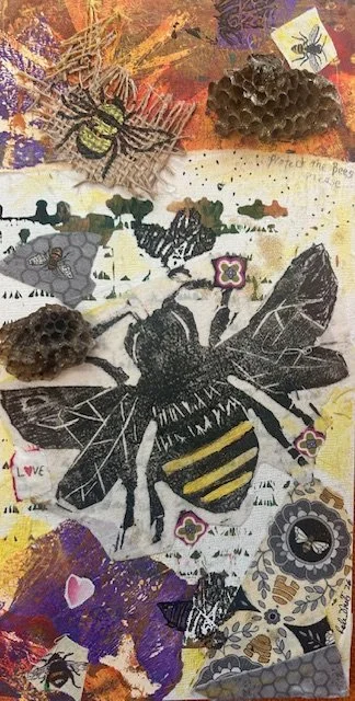 Protect the Bees Please - Mixed Media Collage  6x12 on Wood.