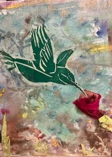 Green Hummingbird Collage "Love" 8X10 on canvas board