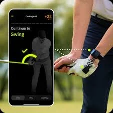 A person holding a golf club and wearing a fitness tracker, with a smartphone app showing an exercise prompt for swing practice.