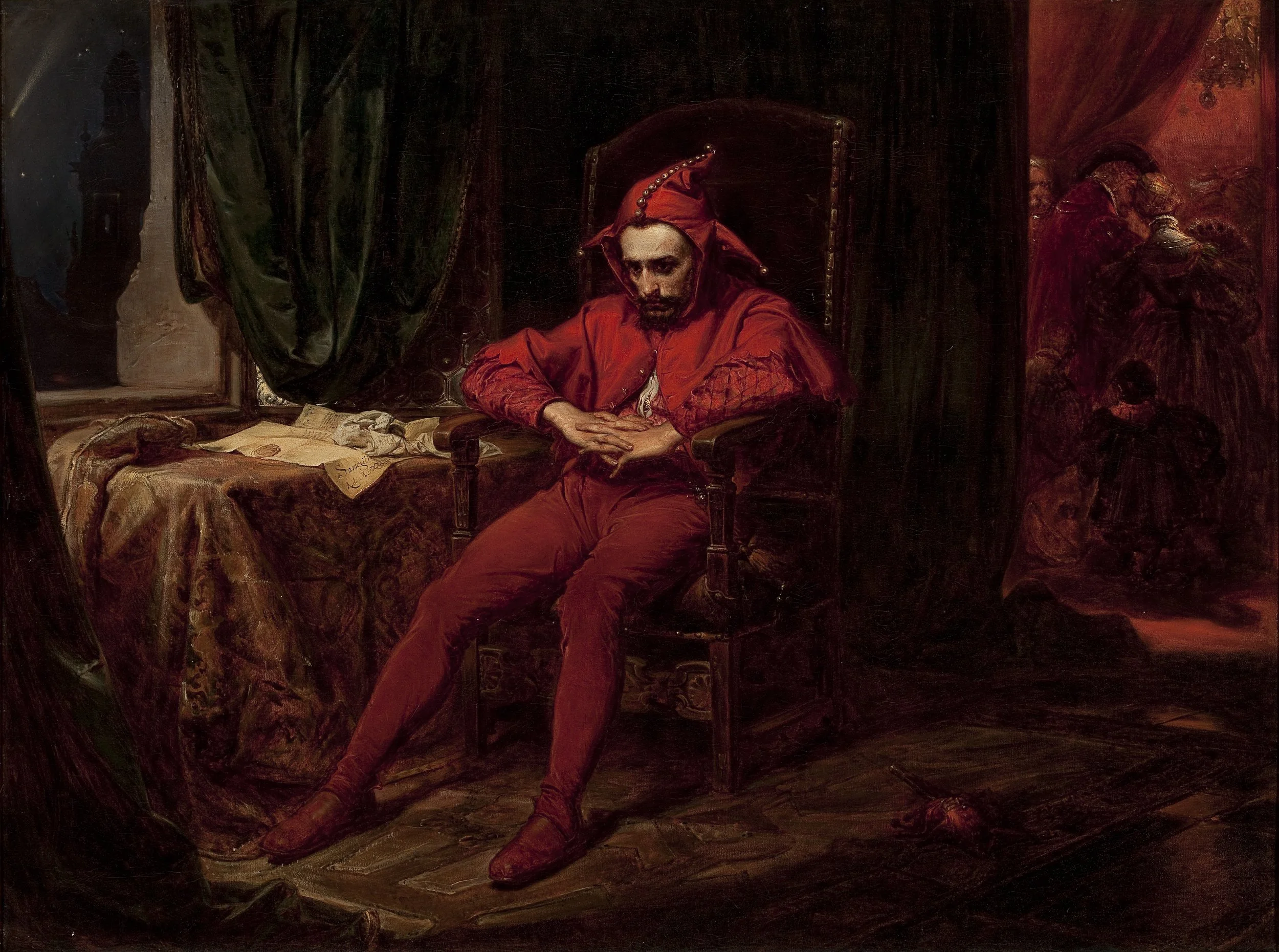 A painting of a man dressed as a jester in red, sitting on a throne with a contemplative expression, surrounded by richly decorated interior with objects on a table and a curtain, in a classical art style.
