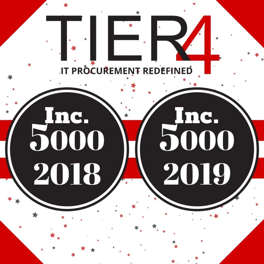 Graphic celebrating Inc. 5000 awards for TIER4, with years 2018 and 2019, featuring a red, black, and white color scheme with star patterns and the tagline 'IT procurement redefined.'