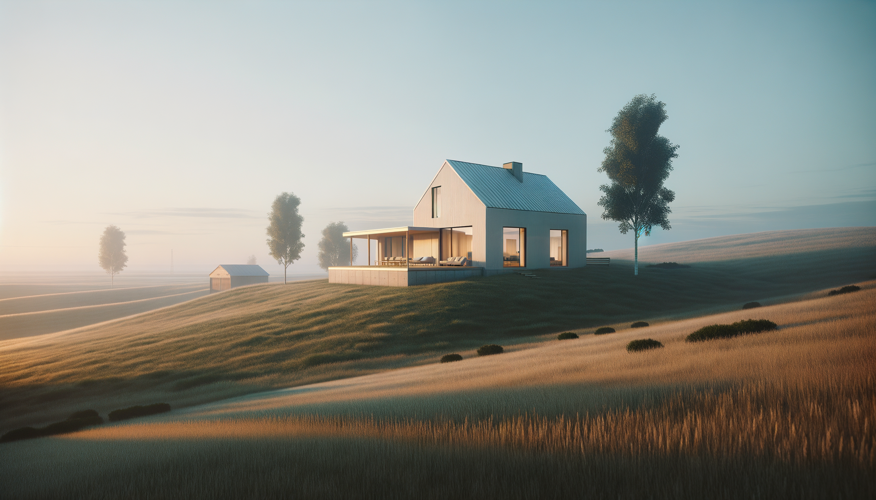 Modern house on a grassy hill during sunset with trees in the background.