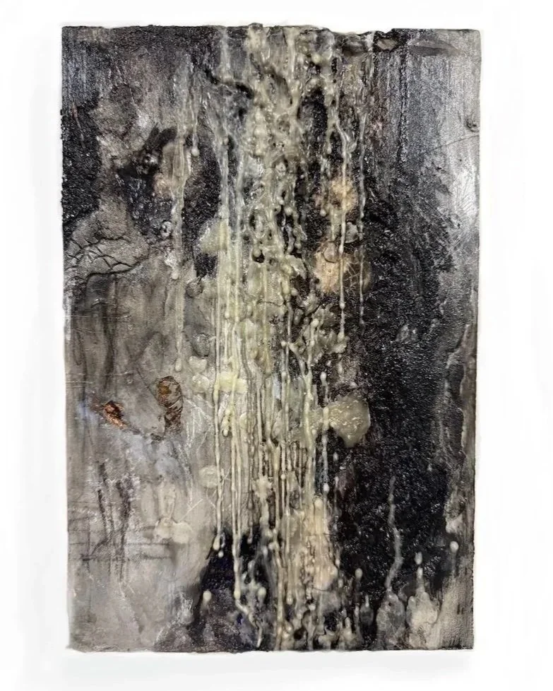 "Morsels." Wax, Cement, Ink, Glass Bead Gel, Charcoal. 10x6". 2025