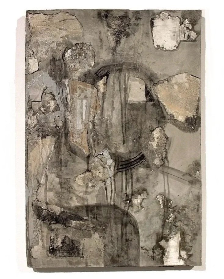 "Under Rocks." Cement, Plaster, Ink, Metals. 22x33". 2023