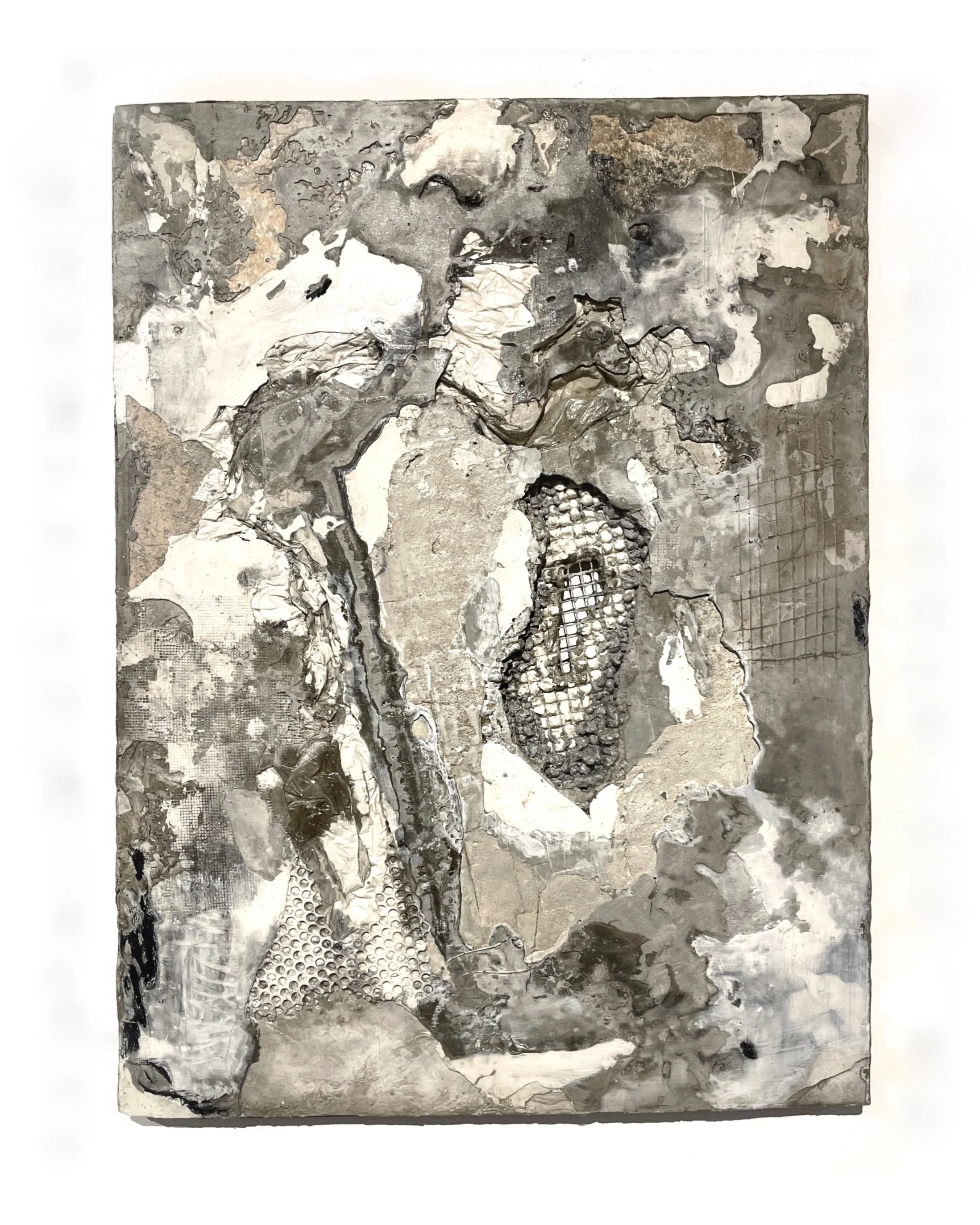 "Dweller." Concrete, Plaster, Yarn, Metal. 30x40". 2023