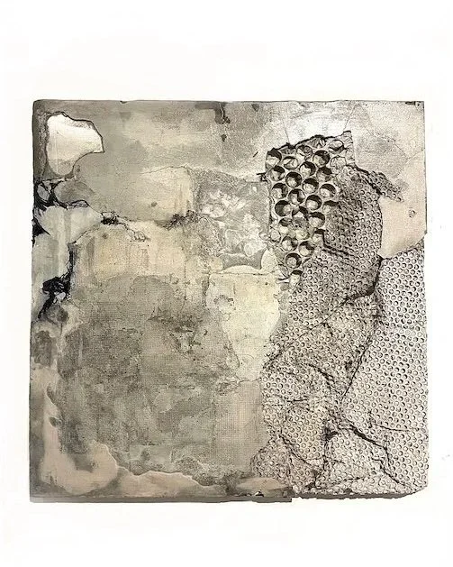"On The Death of Summer and Baptismal Promises." Cement, Plaster, Ink, Bubble Wrap, Metal. 30x30". 2023