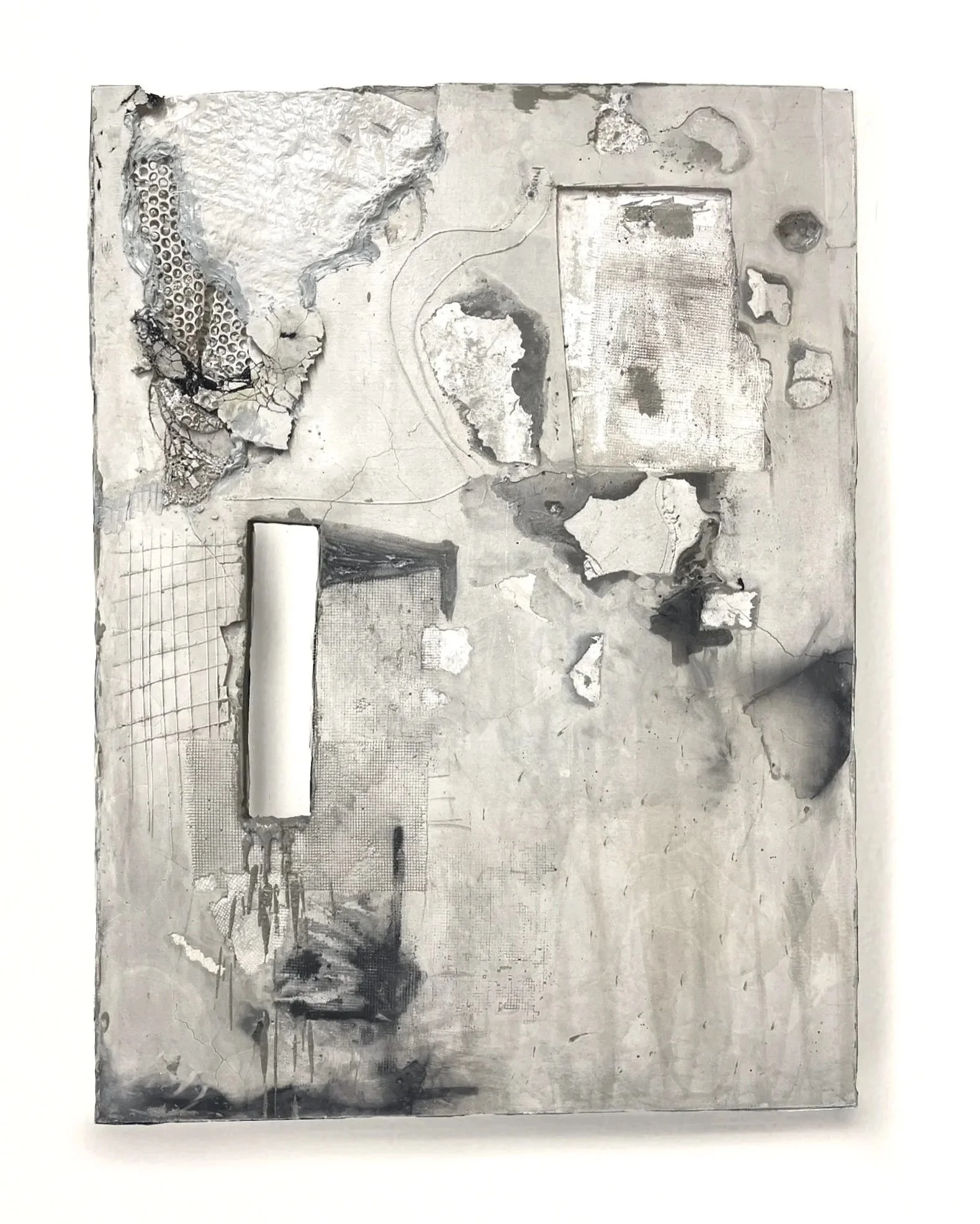 "Junkyard." Cement, Bubble Wrap, Yarn, Ink, Plaster. 30x40". 2023