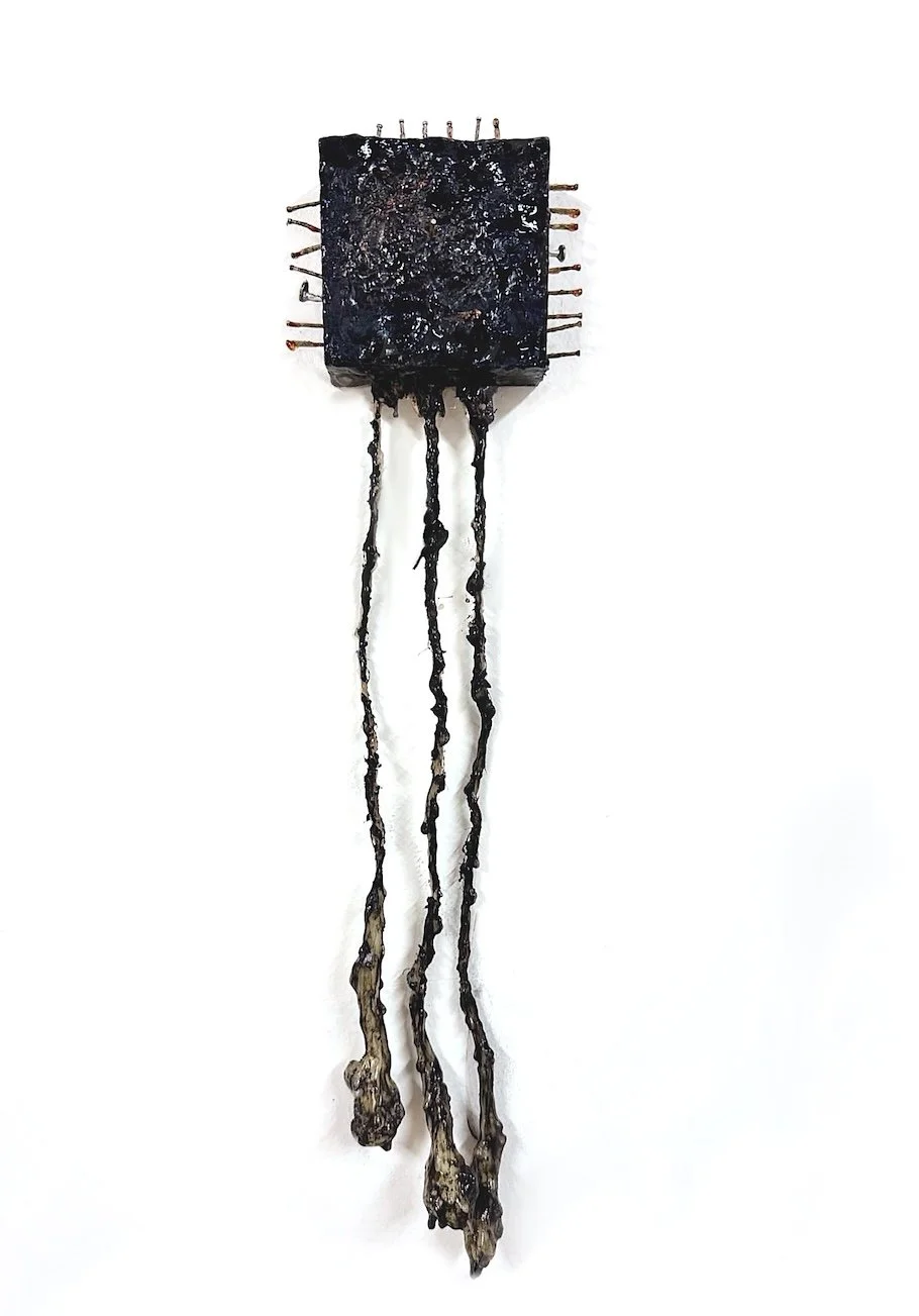 "Hubbub." Cement, Wax, Rope, Nails, Ink. 13x5". 2025