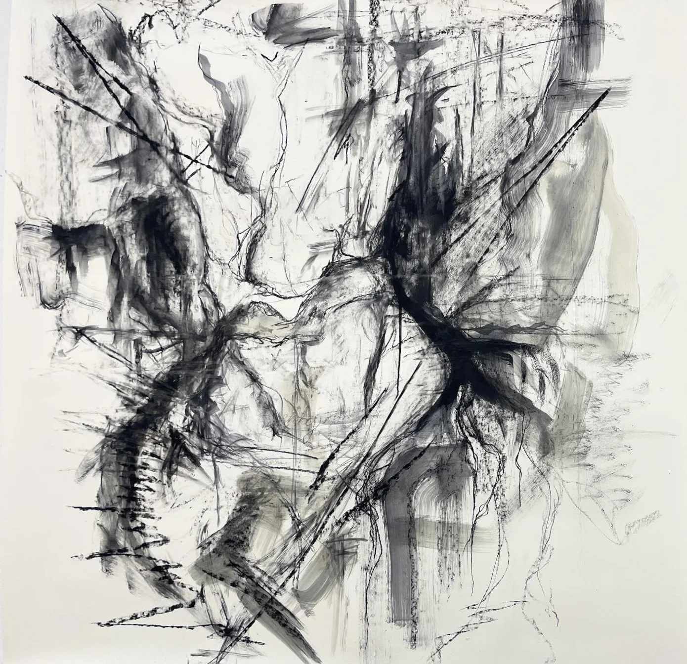 "LARK," Charcoal and Ink on Paper, 48" x 48", 2023