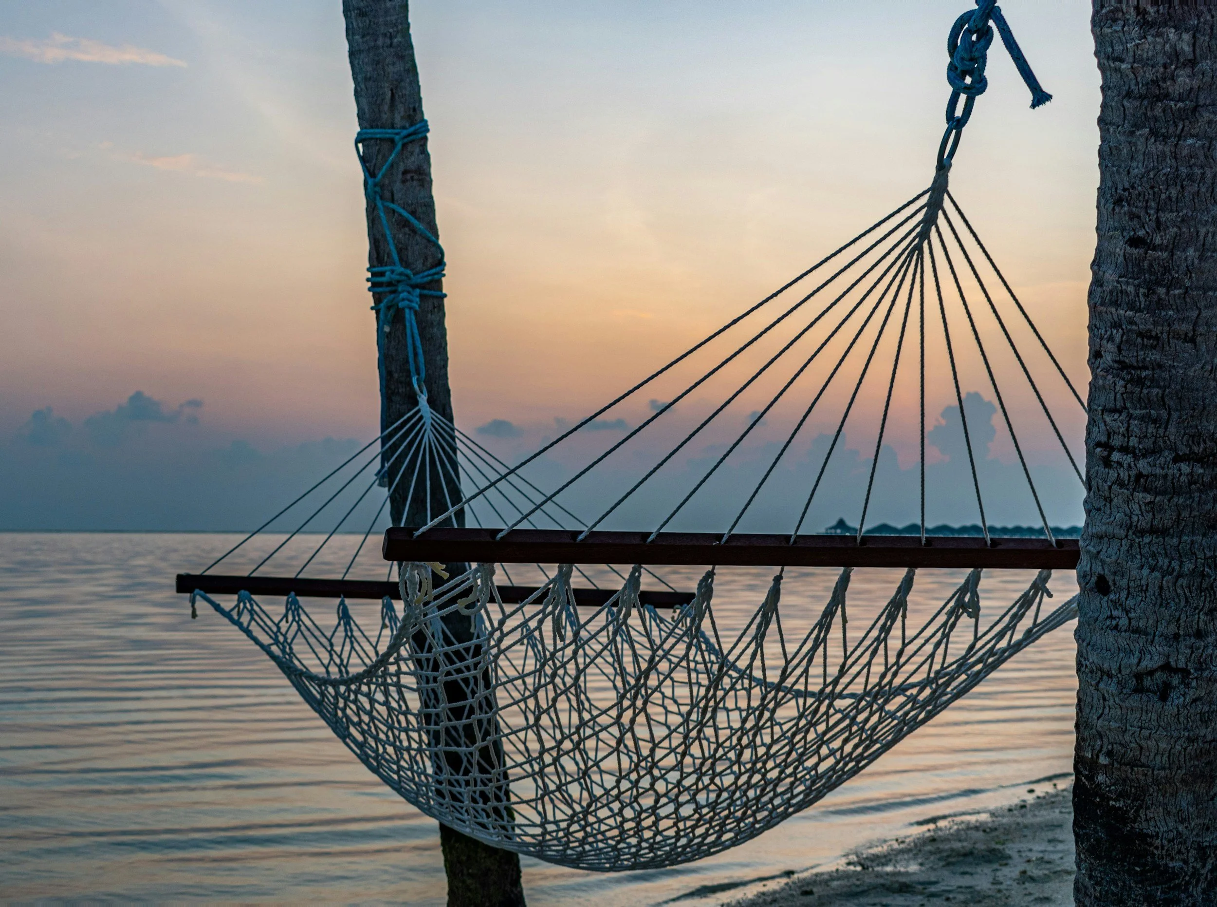 A hammock made of rope hangs between two trees on a beach, with calm water and a sunset or sunrise in the background.