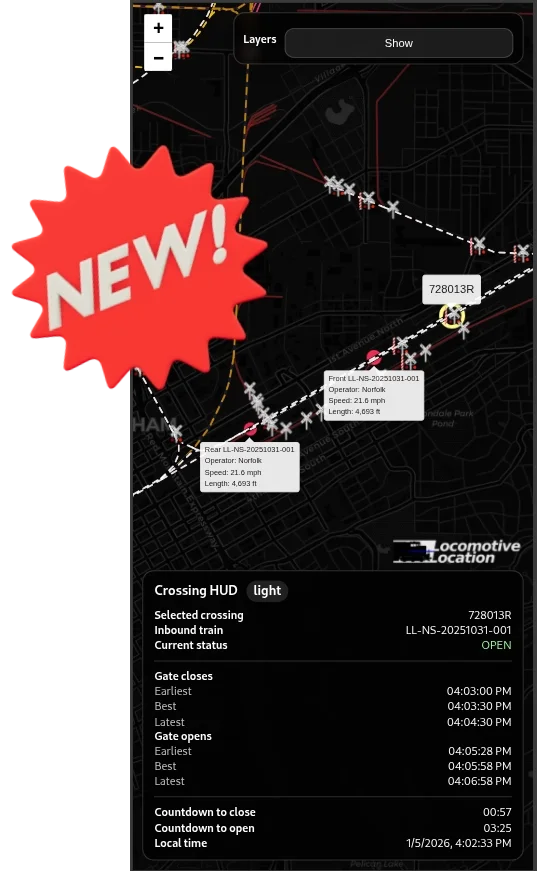 Map display showing a train crossing with live updates on train locations and statuses, including a new train route and timing details.