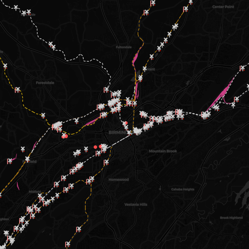 Map of Birmingham with multiple earthquake or seismic activity symbols indicated by white and red icons across the city and surrounding areas.