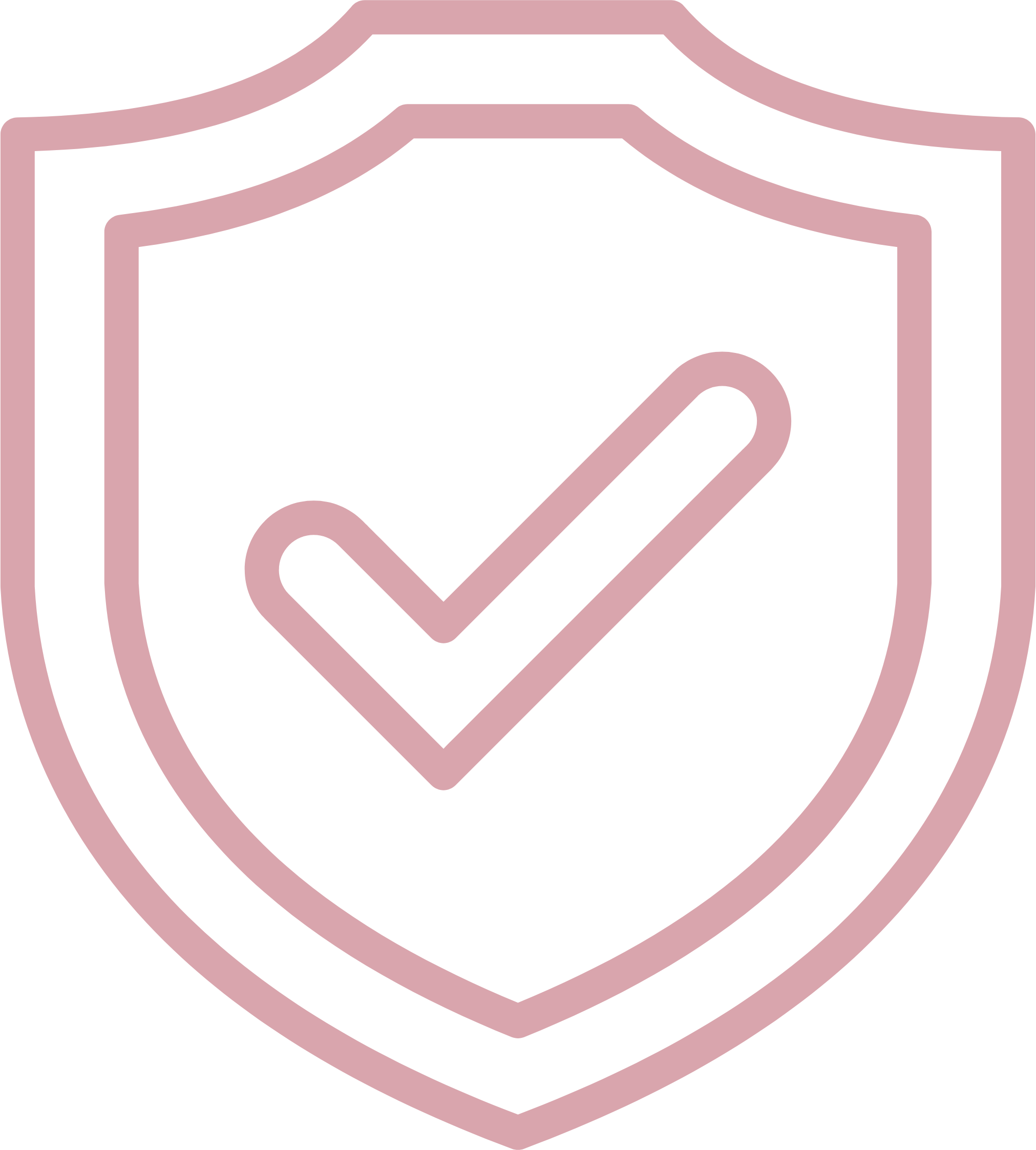 Pink shield with a checkmark in the center, symbolizing security or protection.