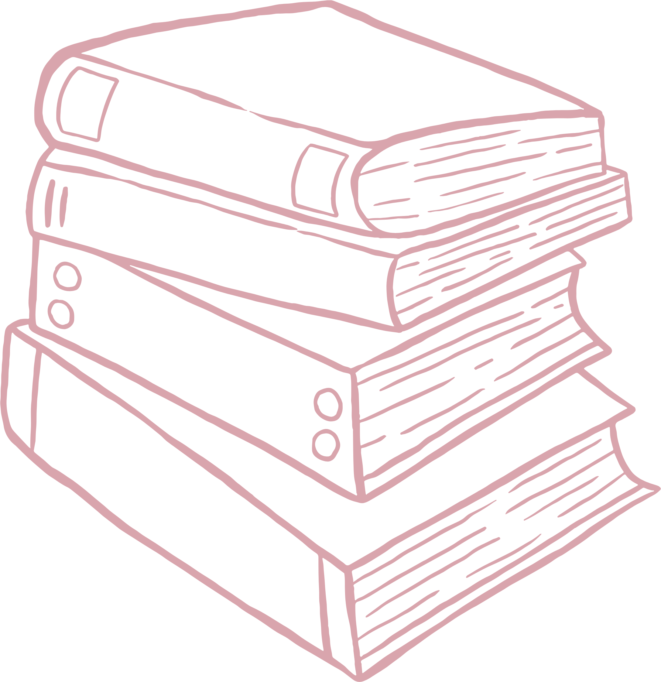 Stack of five black binders with pink outlines and circular decorations on the spines.