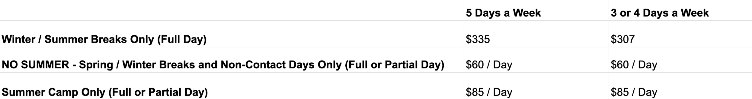 Table comparing different rates for winter and summer breaks, with options for 5 or 3-4 days per week, listing prices for full day or partial day.