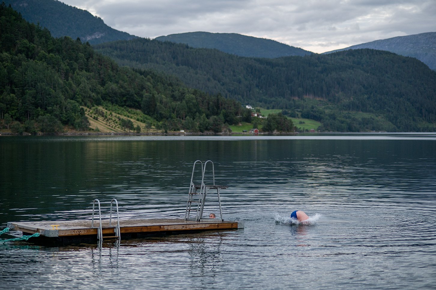 Person swimming in a lake near a wooden dock with metal ladders, surrounded by mountains and green hills, with a cloudy sky overhead.