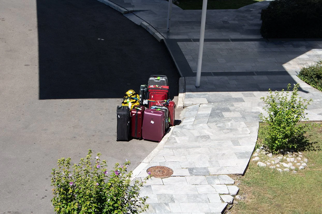 Several suitcases and bags placed on the sidewalk near a building entrance, with a paved pathway and some small bushes and grass