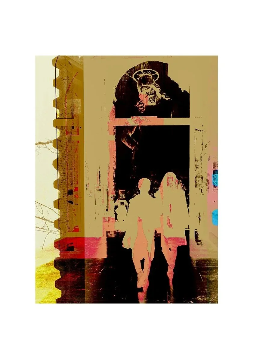 Silhouette of two people walking in front of a window with a lion painting above.